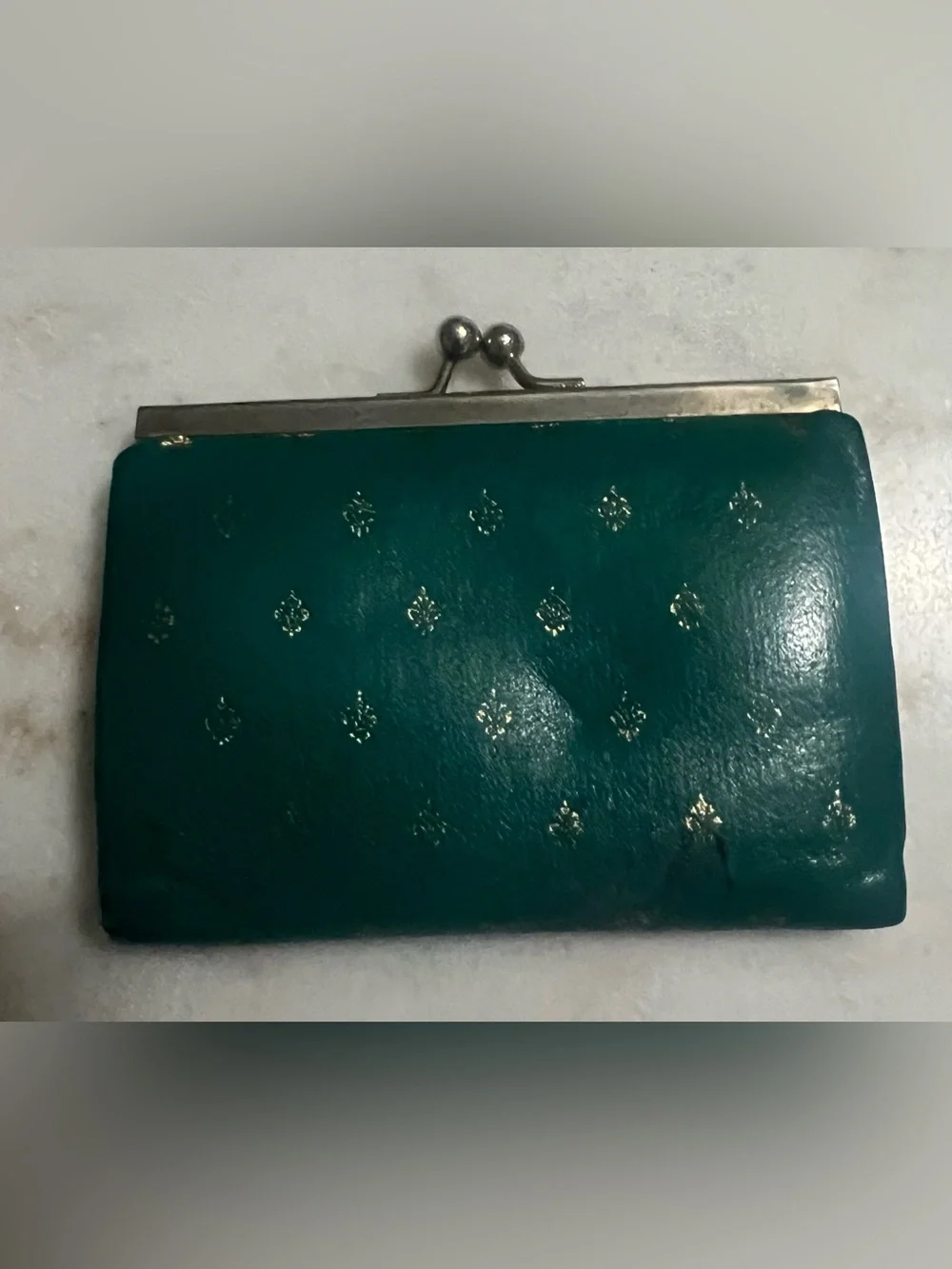 Vintage Dark  Teal Green Leather Kiss Lock Coin Purse Gold Fleur-De-Lis Italy